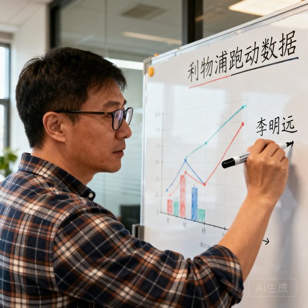 李明远戴着眼镜，穿着格子衬衫，站在白板前用记号笔标注利物浦的跑动数据。