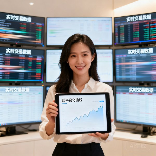 Sarah手持平板电脑显示赔率变化曲线，背景是多个屏幕滚动着实时交易数据。